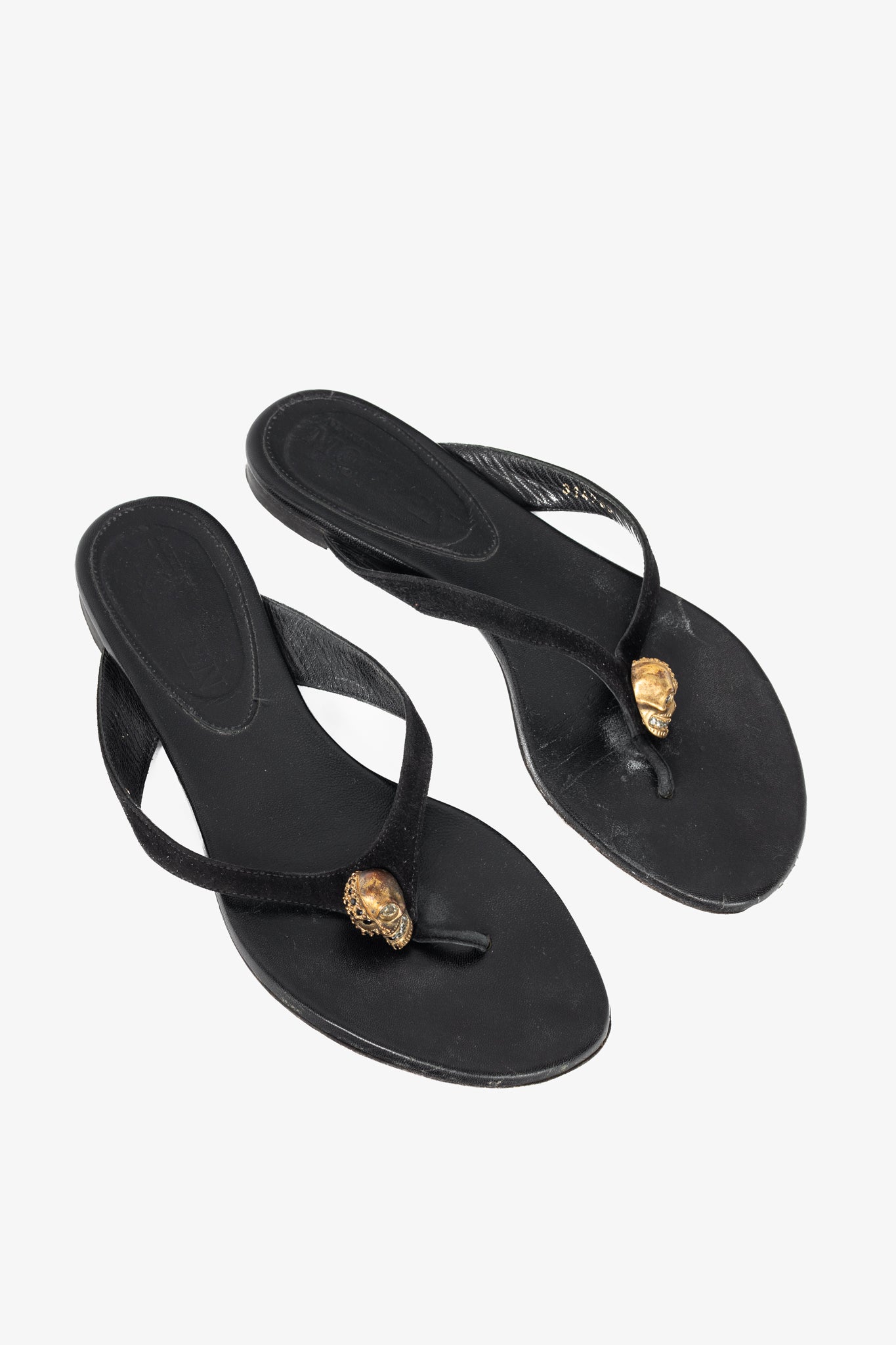 Alexander McQueen Black Suede Skull-Strap Thong Sandals