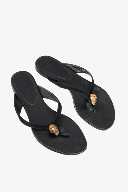 Alexander McQueen Black Suede Skull-Strap Thong Sandals