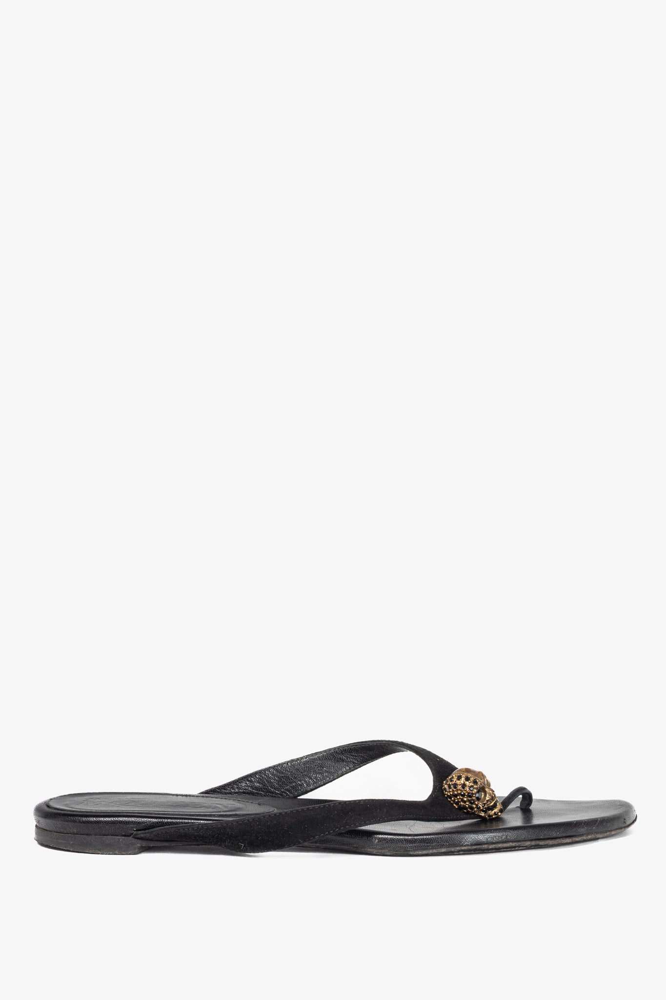 Alexander McQueen Black Suede Skull-Strap Thong Sandals