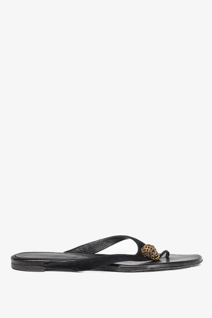 Alexander McQueen Black Suede Skull-Strap Thong Sandals