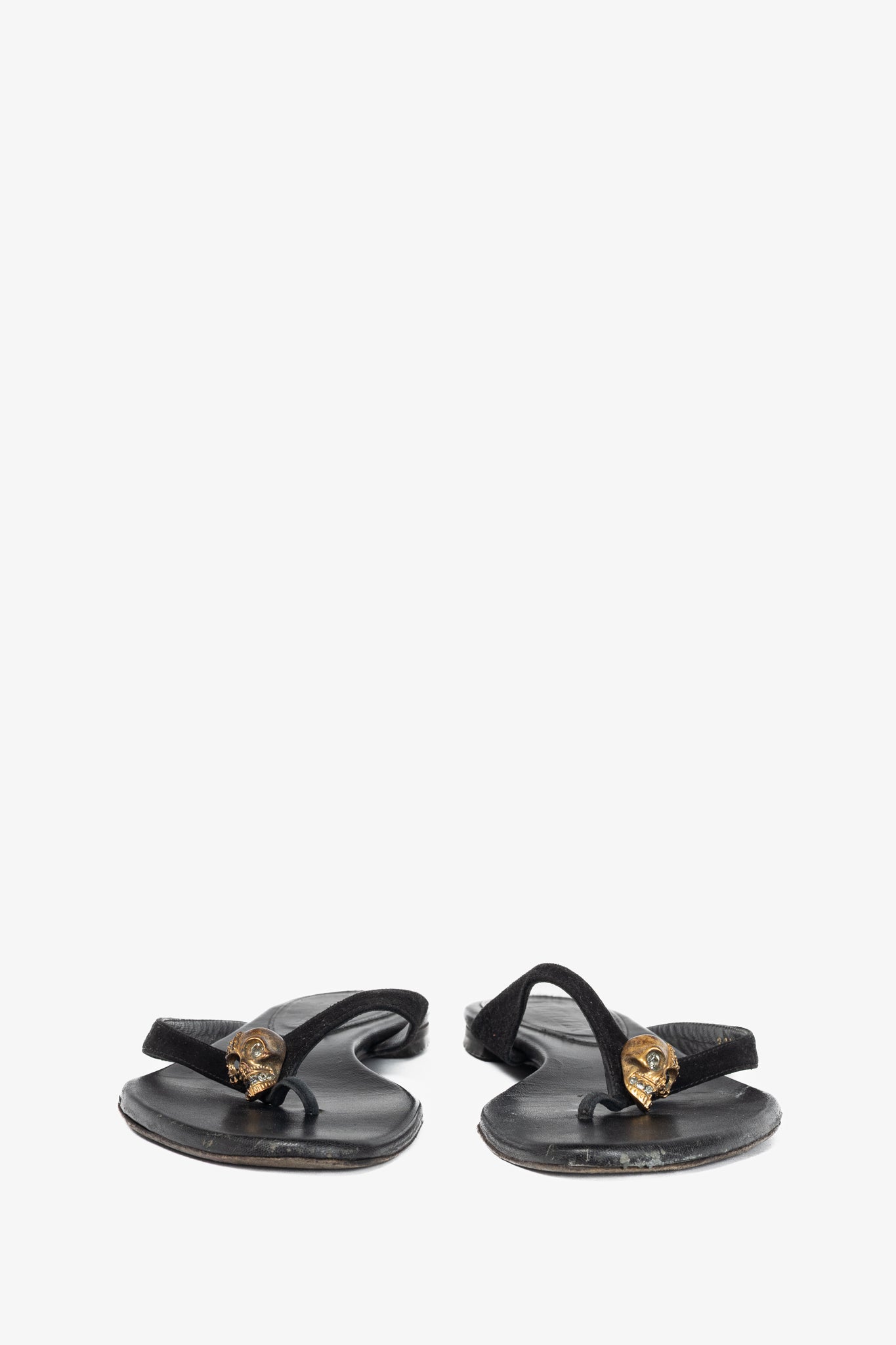 Alexander McQueen Black Suede Skull-Strap Thong Sandals