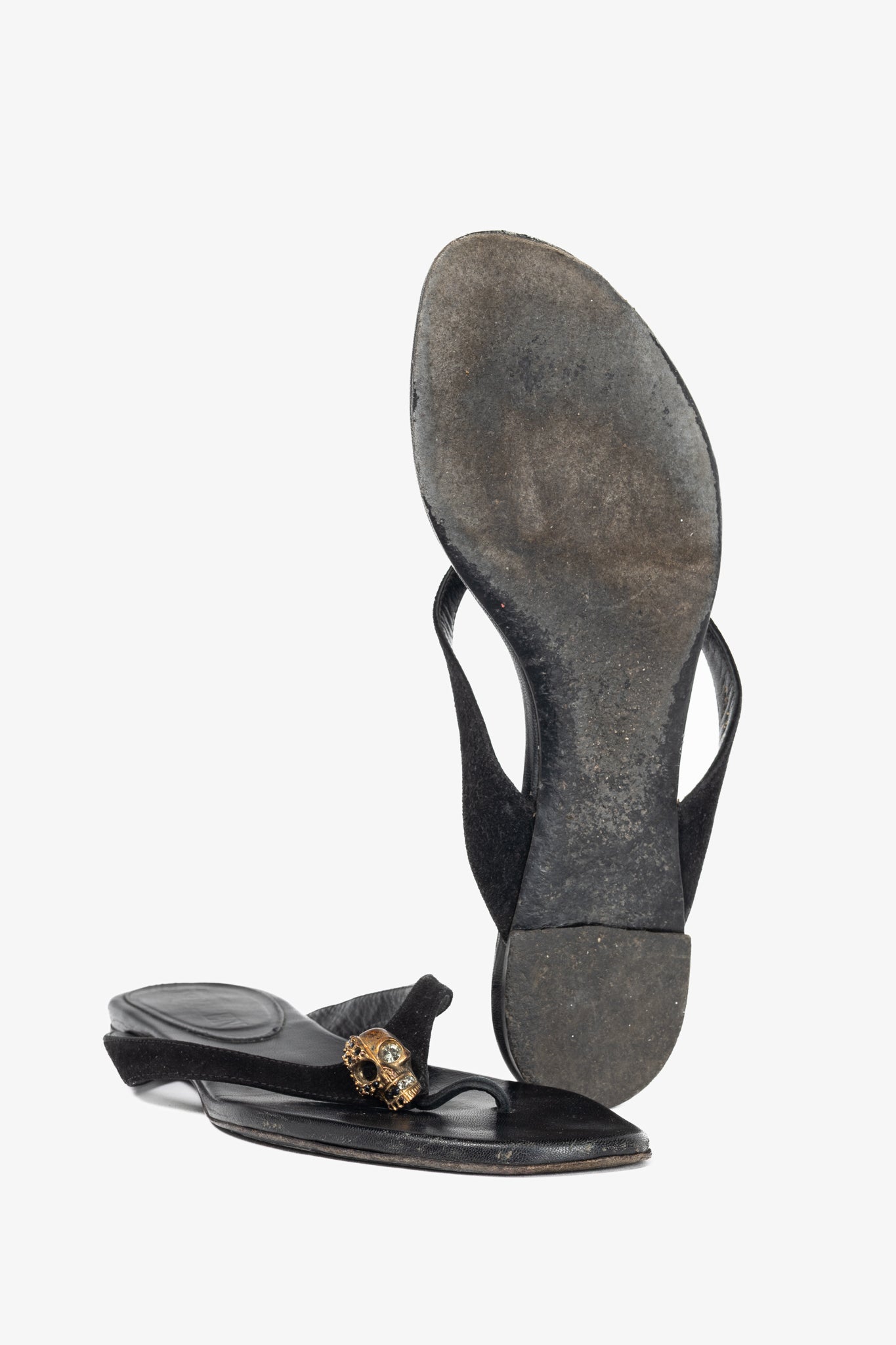 Alexander McQueen Black Suede Skull-Strap Thong Sandals