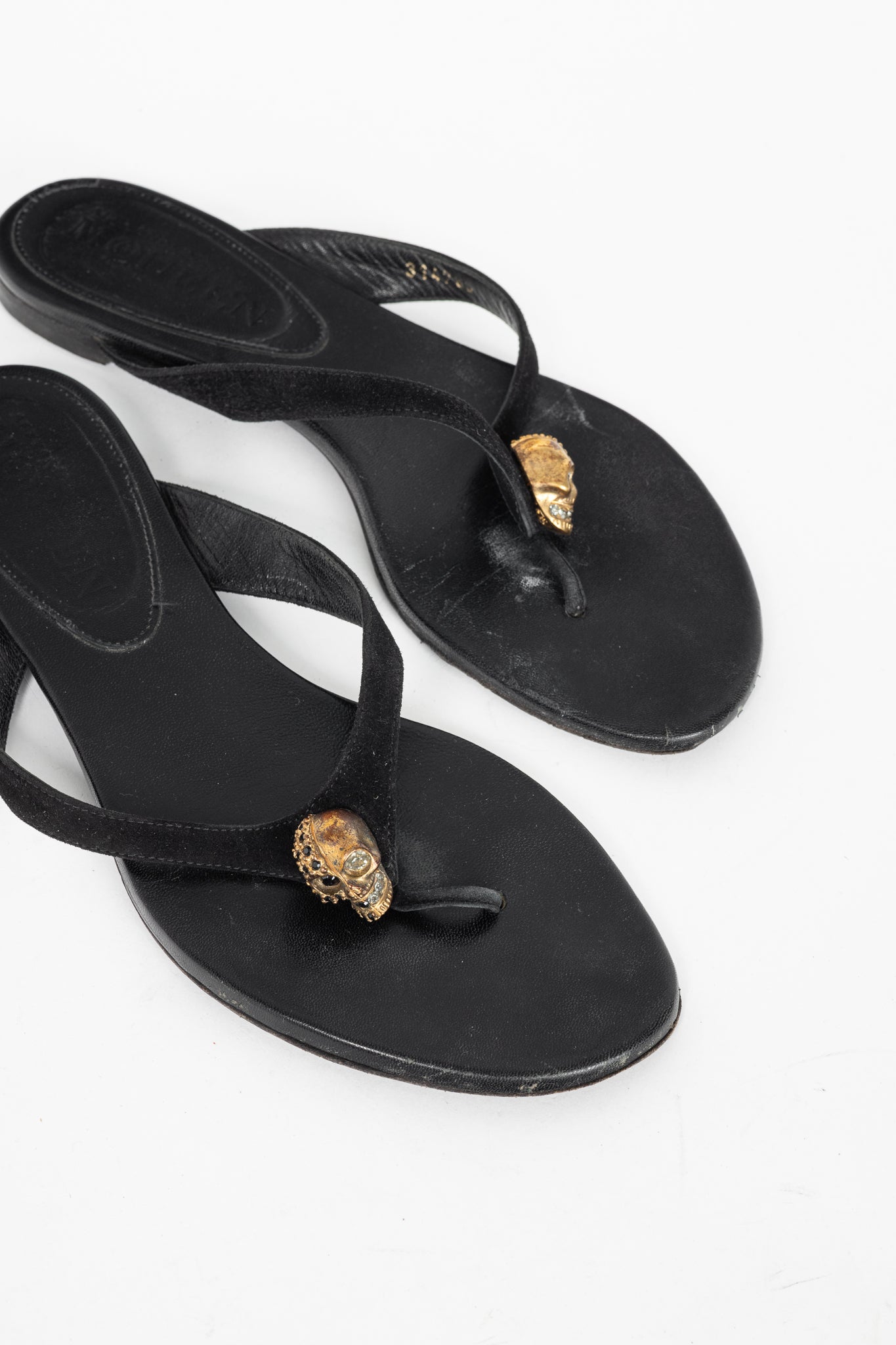 Alexander McQueen Black Suede Skull-Strap Thong Sandals