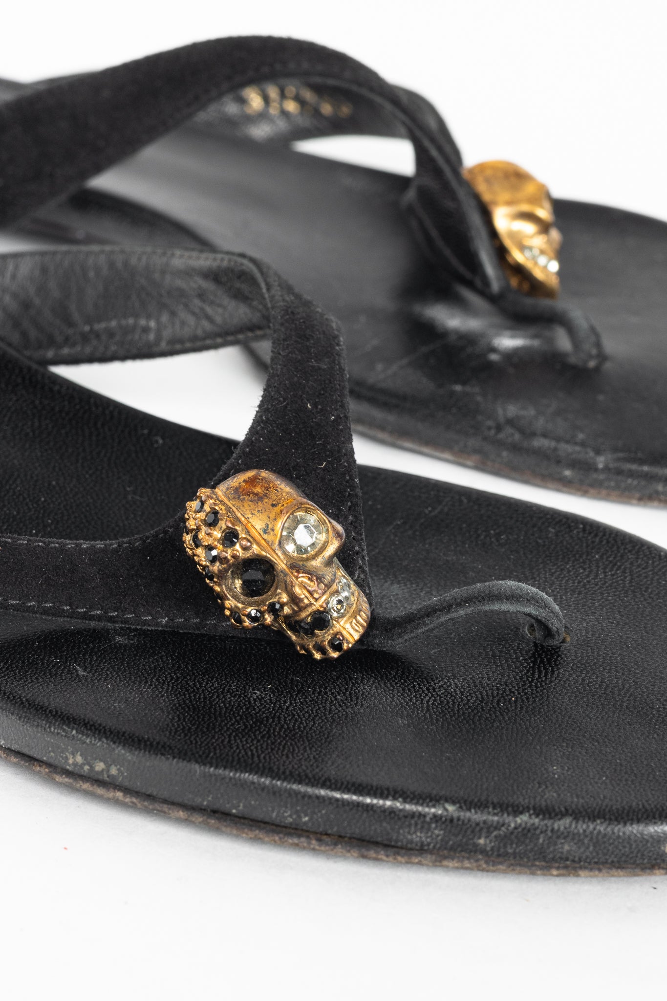 Alexander McQueen Black Suede Skull-Strap Thong Sandals
