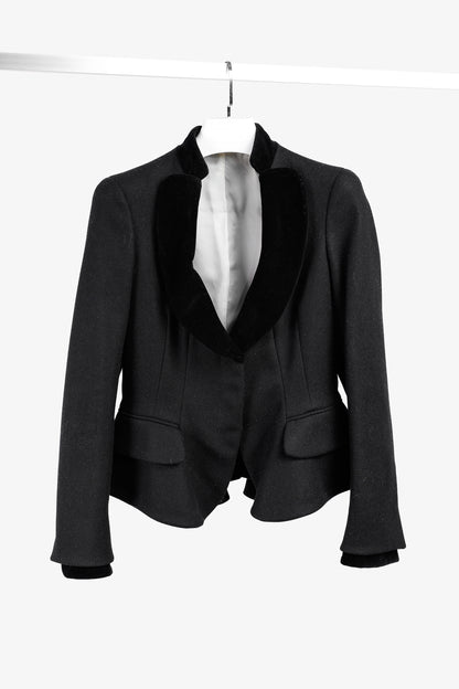 Alexander McQueen PF/12 Black Wool & Cashmere Velvet-Collar Peplum Blazer