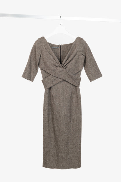 Alexander McQueen AW/05 Runway Brown Wool Tweed Crossover-Waist Dress