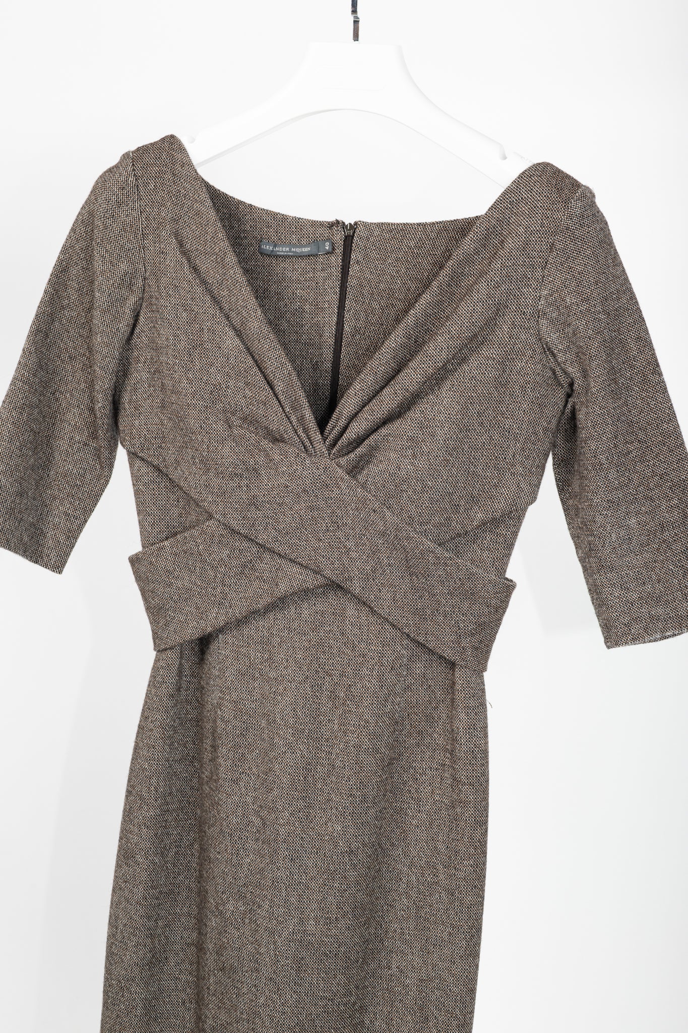 Alexander McQueen AW/05 Runway Brown Wool Tweed Crossover-Waist Dress