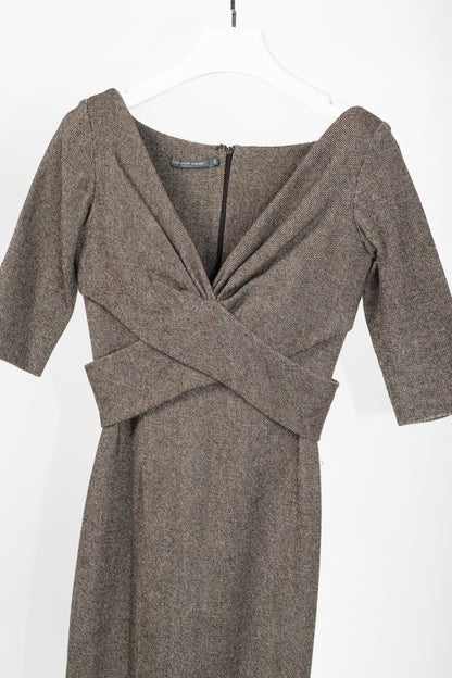 Alexander McQueen AW/05 Runway Brown Wool Tweed Crossover-Waist Dress