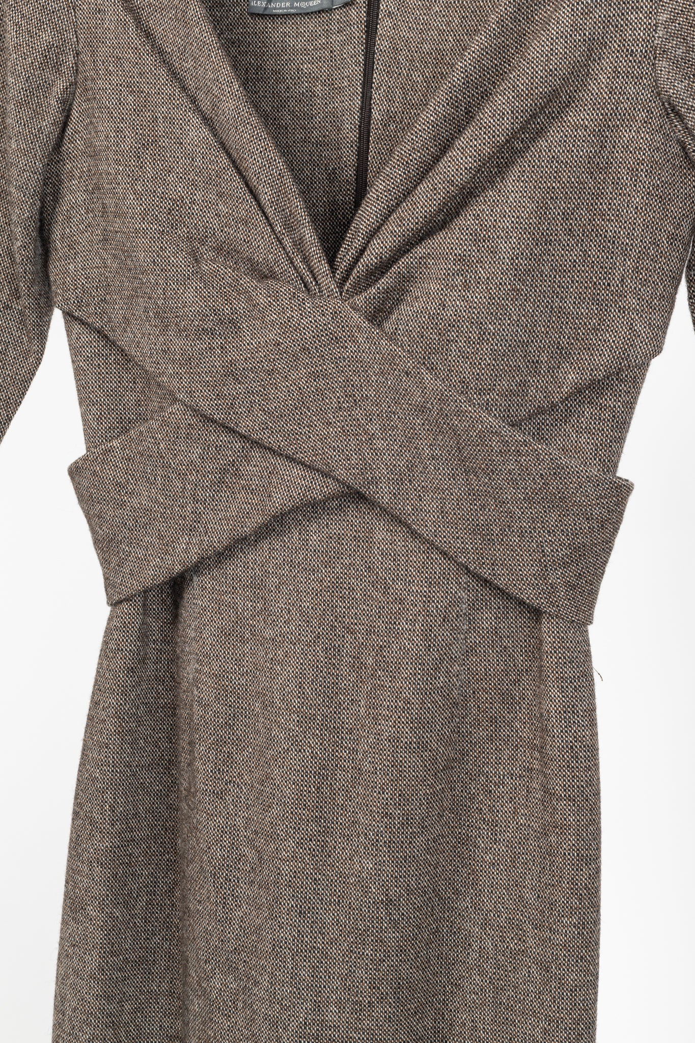 Alexander McQueen AW/05 Runway Brown Wool Tweed Crossover-Waist Dress