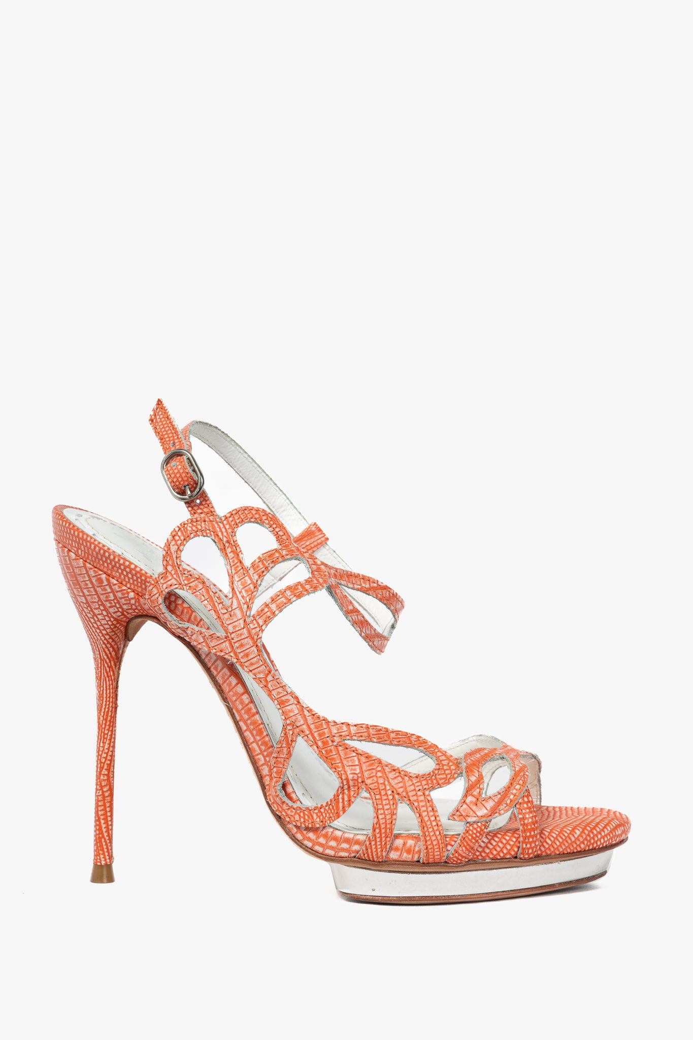 Alice + Olivia Phoebe Coral Highlighter Lizard-Embellished Cutout Sandals