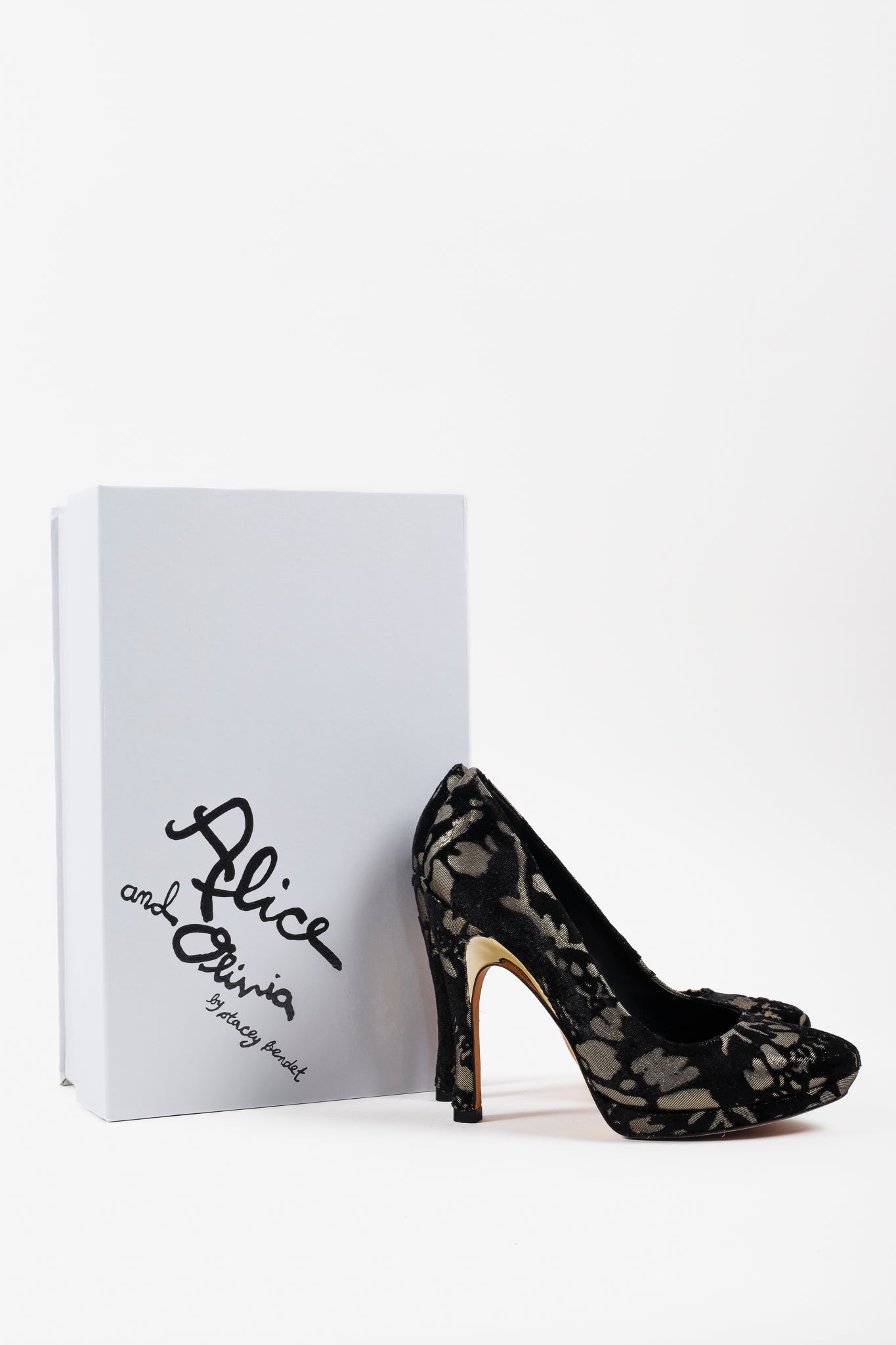 Alice + Olivia Black & Gold Helena Velvet Pumps