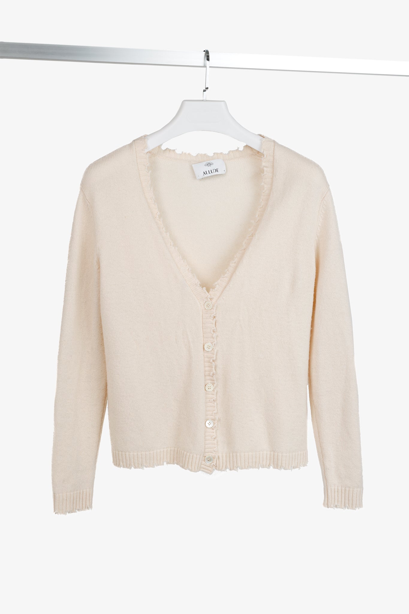 Allude Cream Wool & Cashmere Distressed V-Neck Cardigan