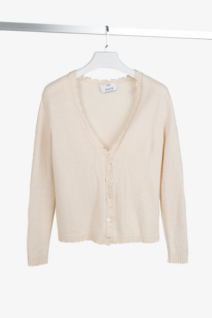 Allude Cream Wool & Cashmere Distressed V-Neck Cardigan