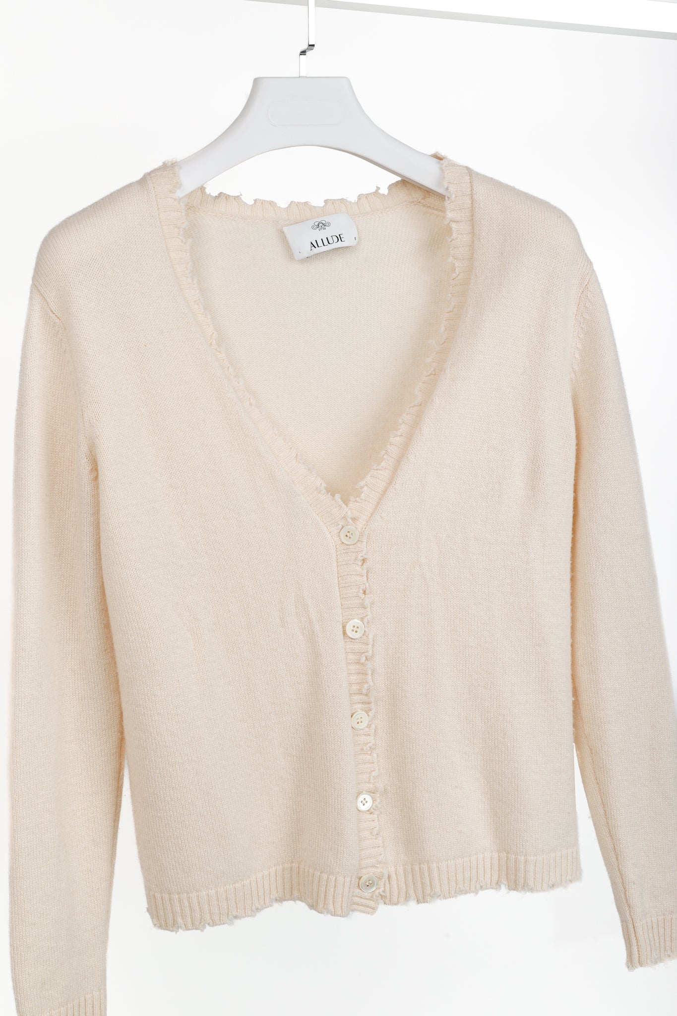 Allude Cream Wool & Cashmere Distressed V-Neck Cardigan