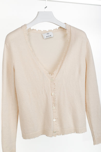 Allude Cream Wool & Cashmere Distressed V-Neck Cardigan