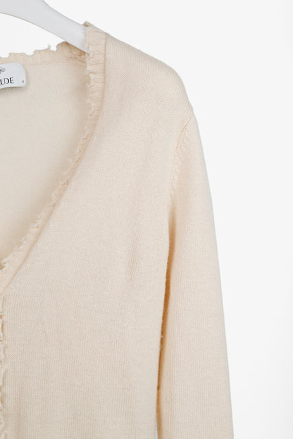 Allude Cream Wool & Cashmere Distressed V-Neck Cardigan