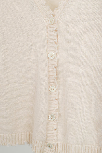 Allude Cream Wool & Cashmere Distressed V-Neck Cardigan