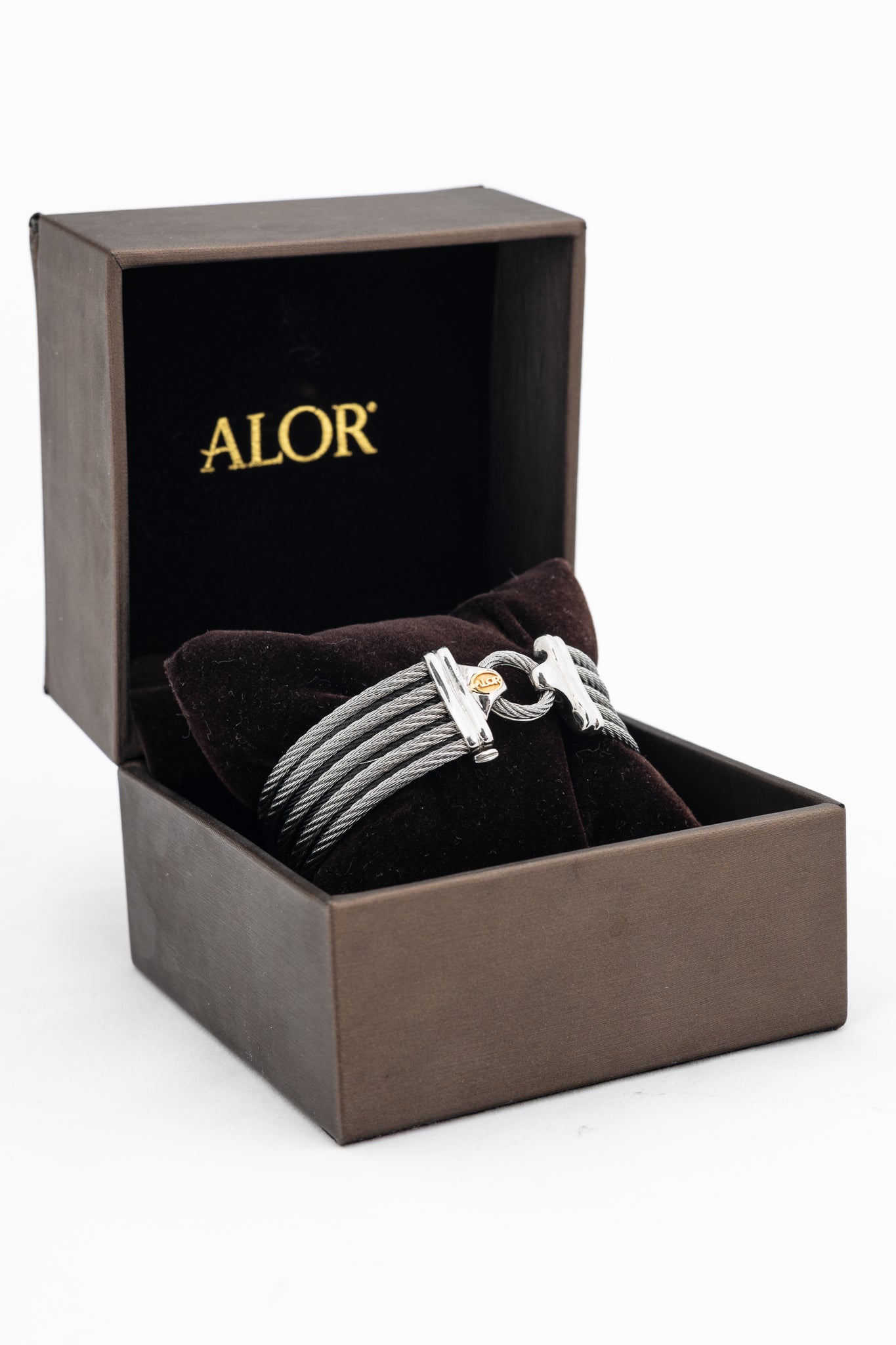 ALOR Stainless Steel & 18k White Gold Black 9-Row Cable Bangle