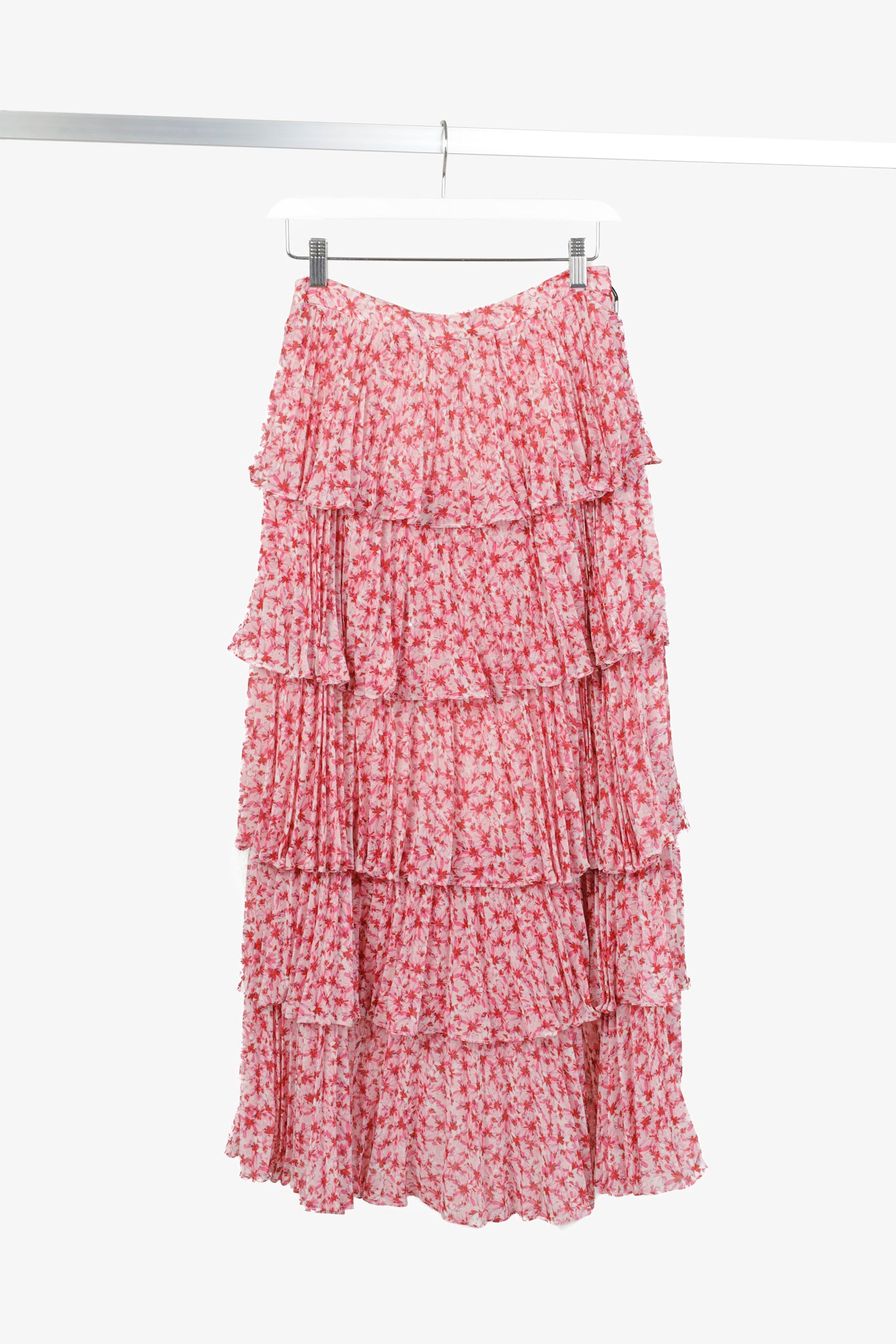 Amur Paisley Pink Floral Pleated Tiered Midi Skirt
