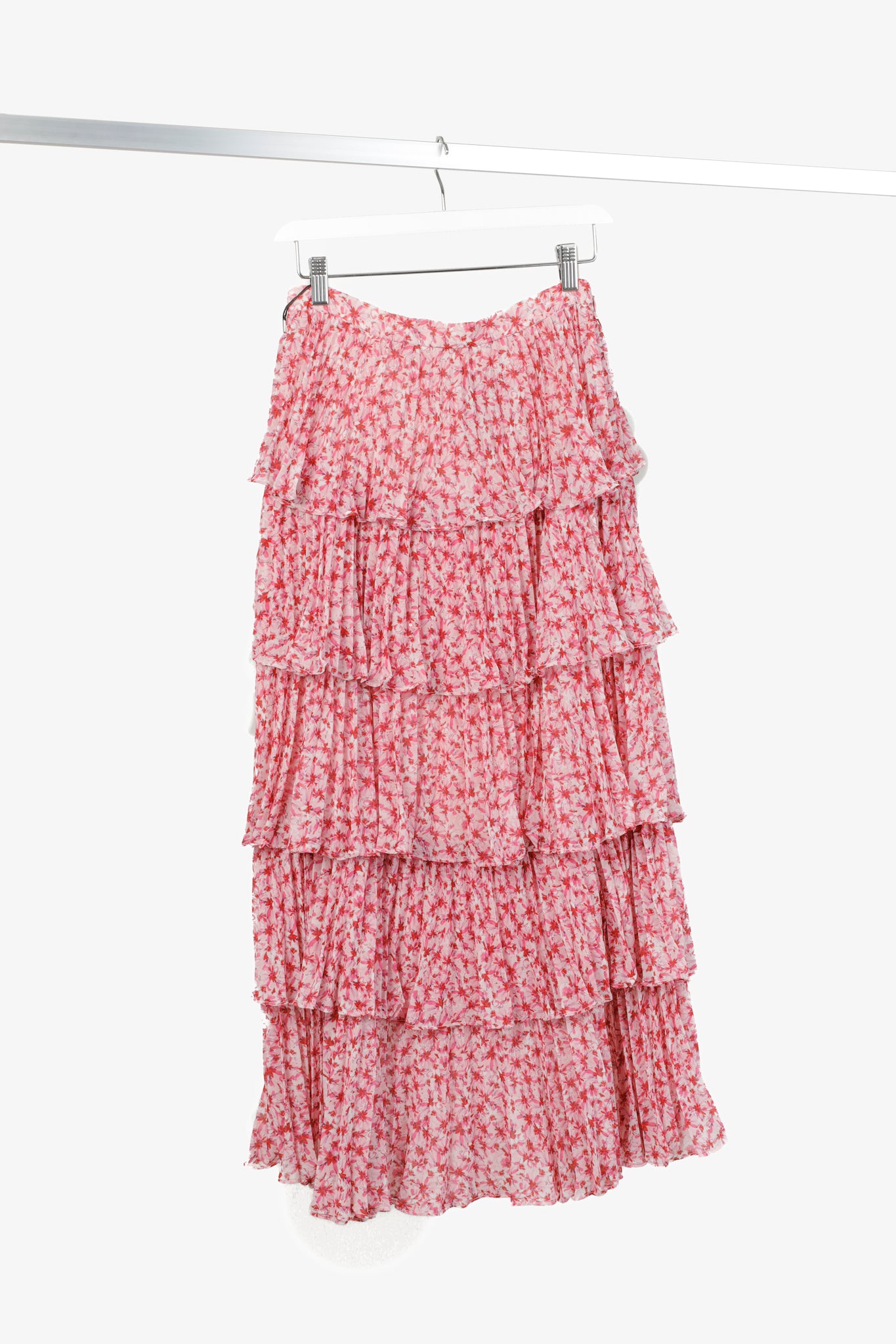 Amur Paisley Pink Floral Pleated Tiered Midi Skirt