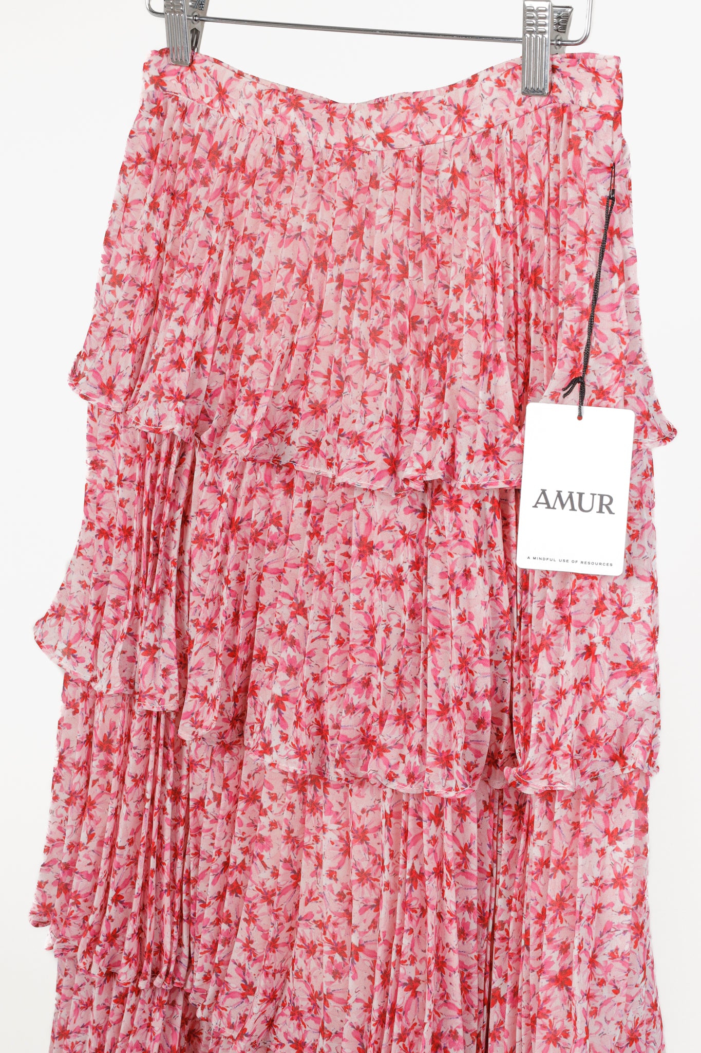 Amur Paisley Pink Floral Pleated Tiered Midi Skirt
