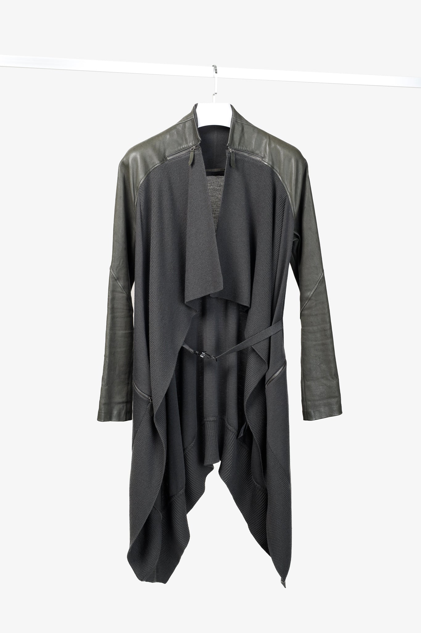 Annette Gortz AW/14 Kubus Grey Leather-Trim Belted Cardigan