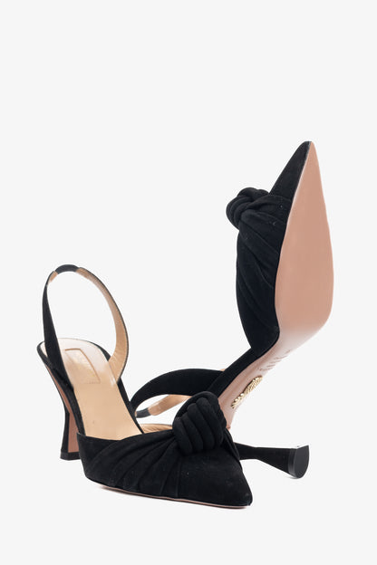 Aquazzura Kiki Sling 85 Black Suede Knotted Heels