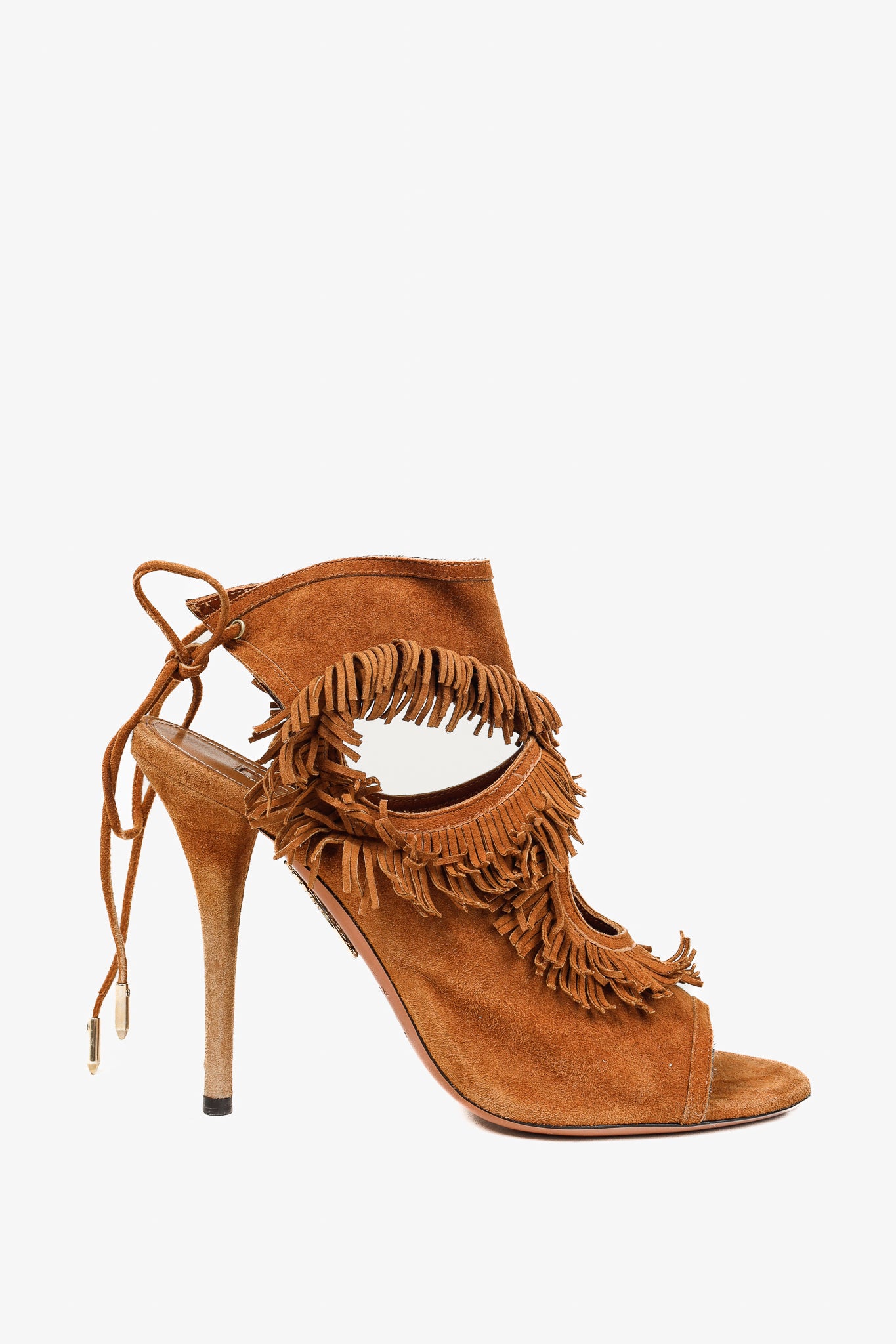 Aquazurra Brown Suede Sexy Fringe Heeled Sandals