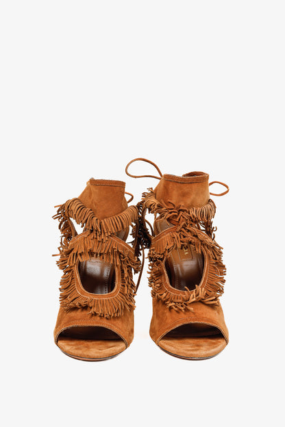 Aquazurra Brown Suede Sexy Fringe Heeled Sandals