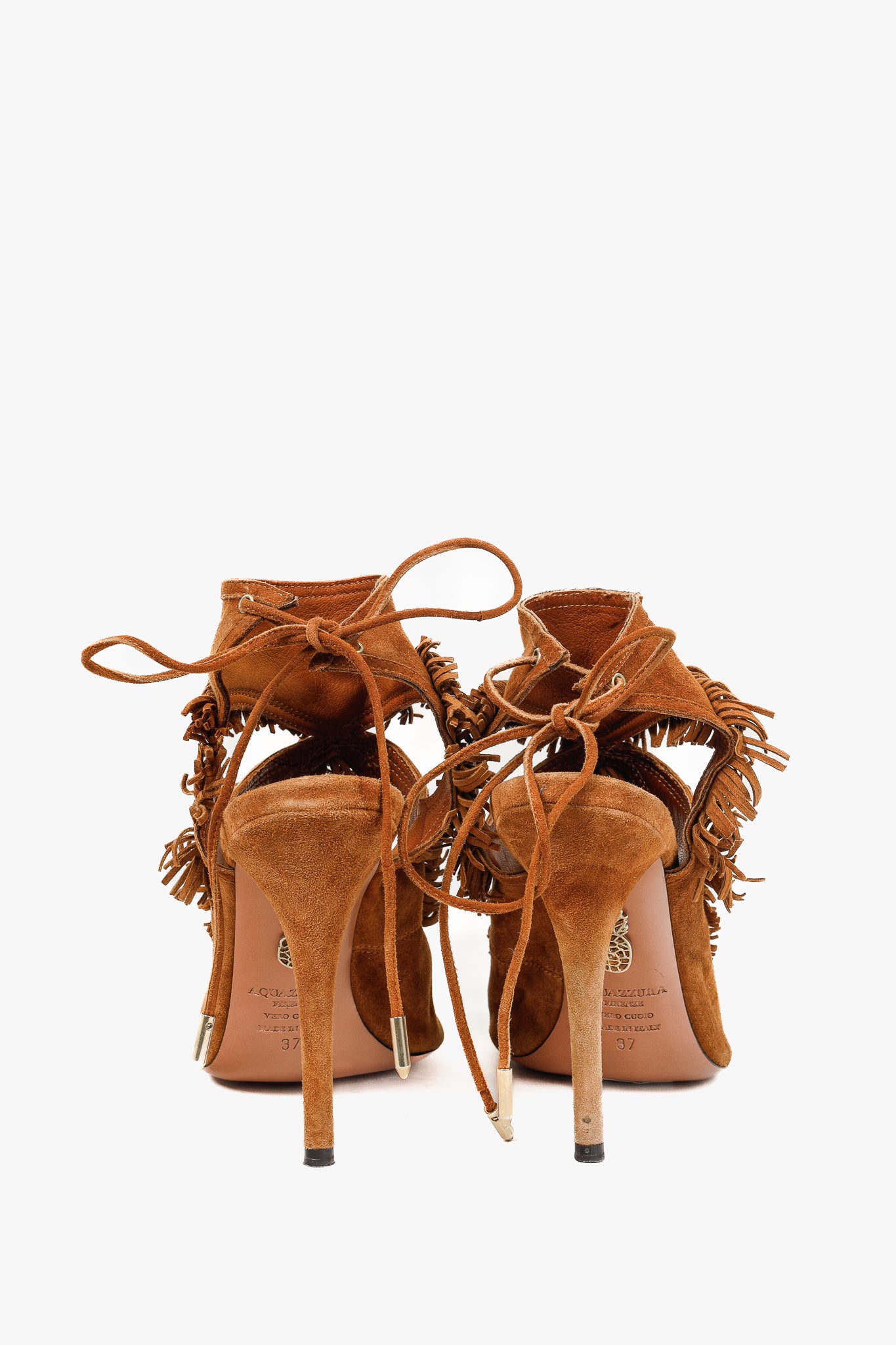 Aquazurra Brown Suede Sexy Fringe Heeled Sandals