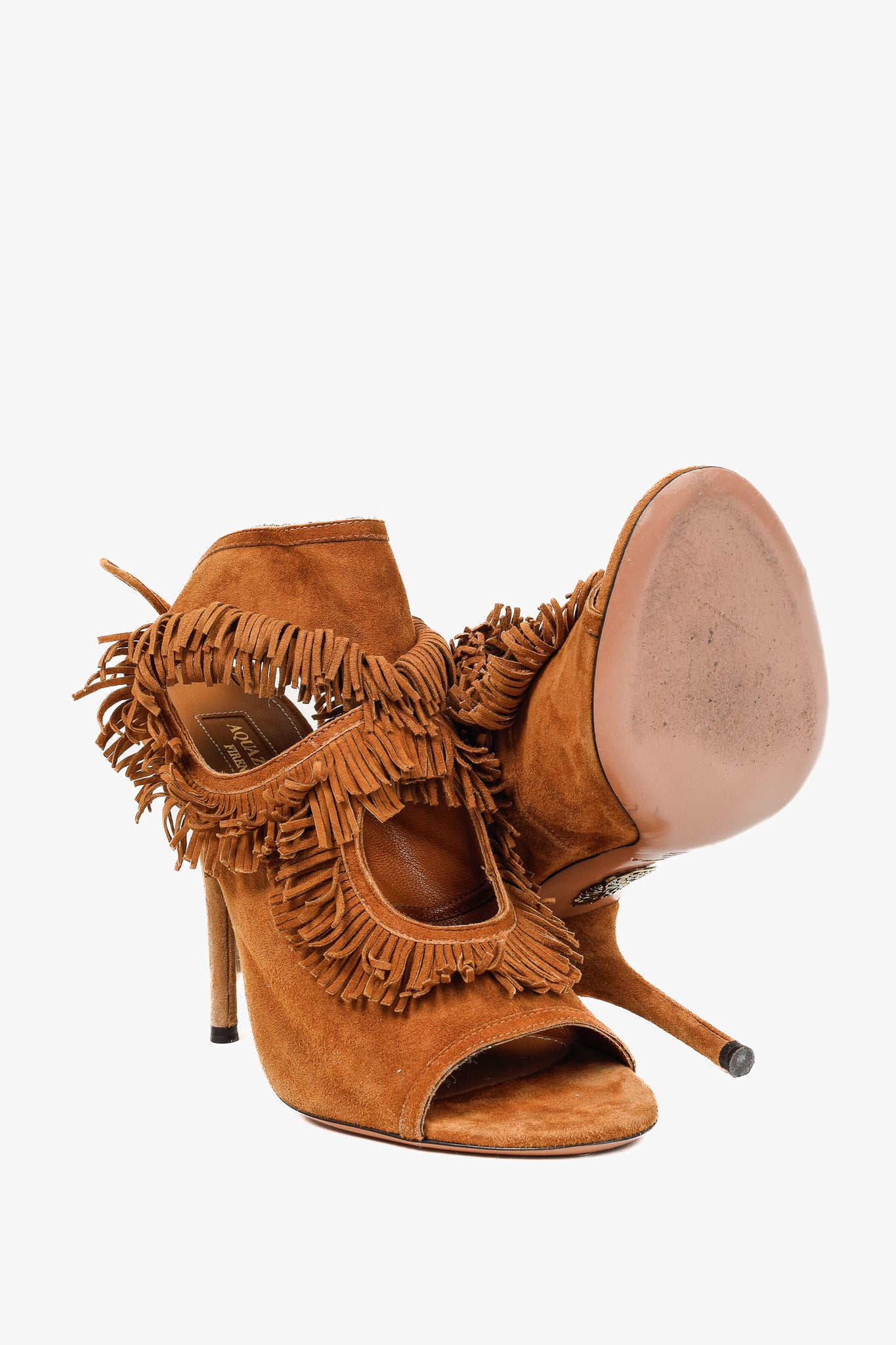 Aquazurra Brown Suede Sexy Fringe Heeled Sandals