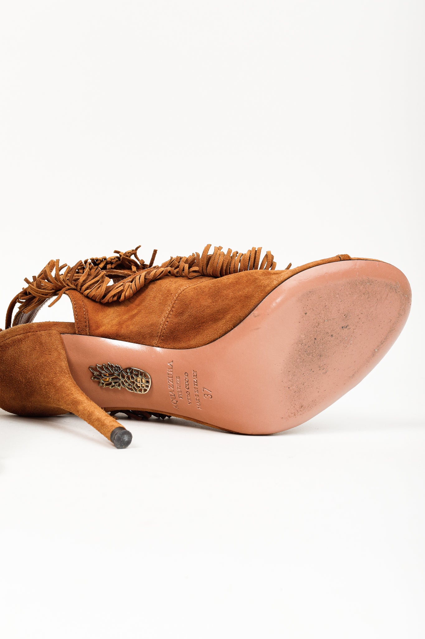 Aquazurra Brown Suede Sexy Fringe Heeled Sandals