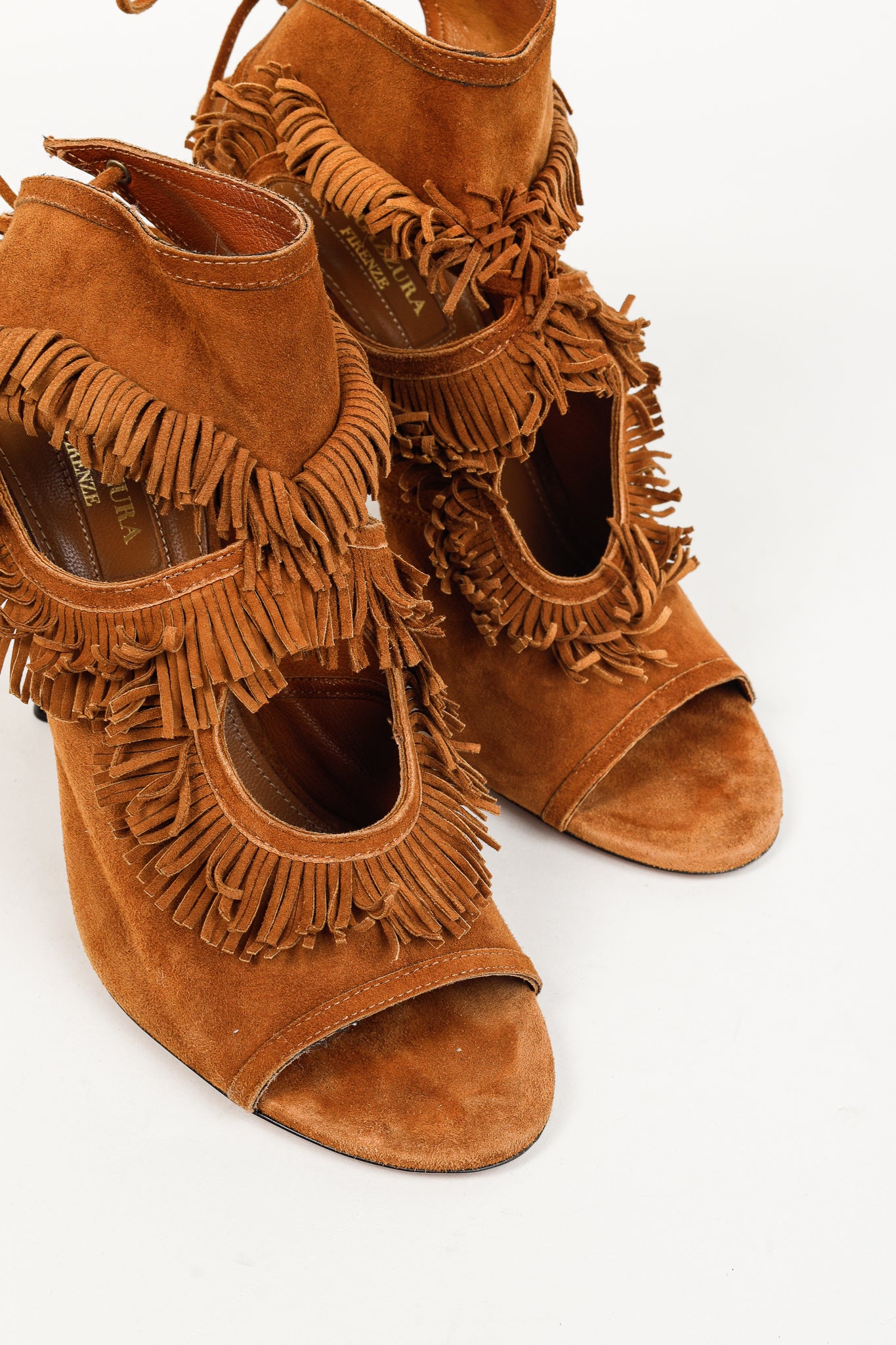 Aquazurra Brown Suede Sexy Fringe Heeled Sandals