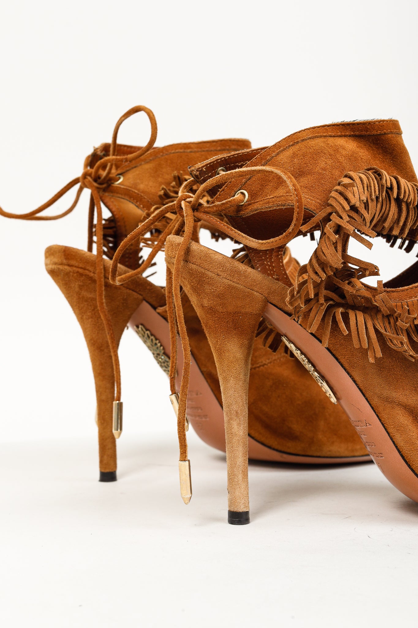 Aquazurra Brown Suede Sexy Fringe Heeled Sandals