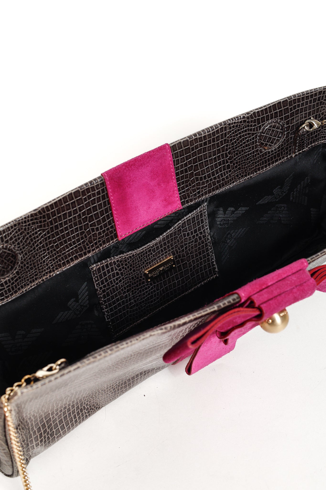 Emporio Armani Grey Croc-Embossed Leather Purple Suede-Bow Shoulder Bag