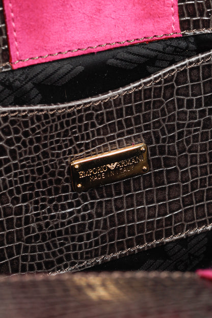Emporio Armani Grey Croc-Embossed Leather Purple Suede-Bow Shoulder Bag