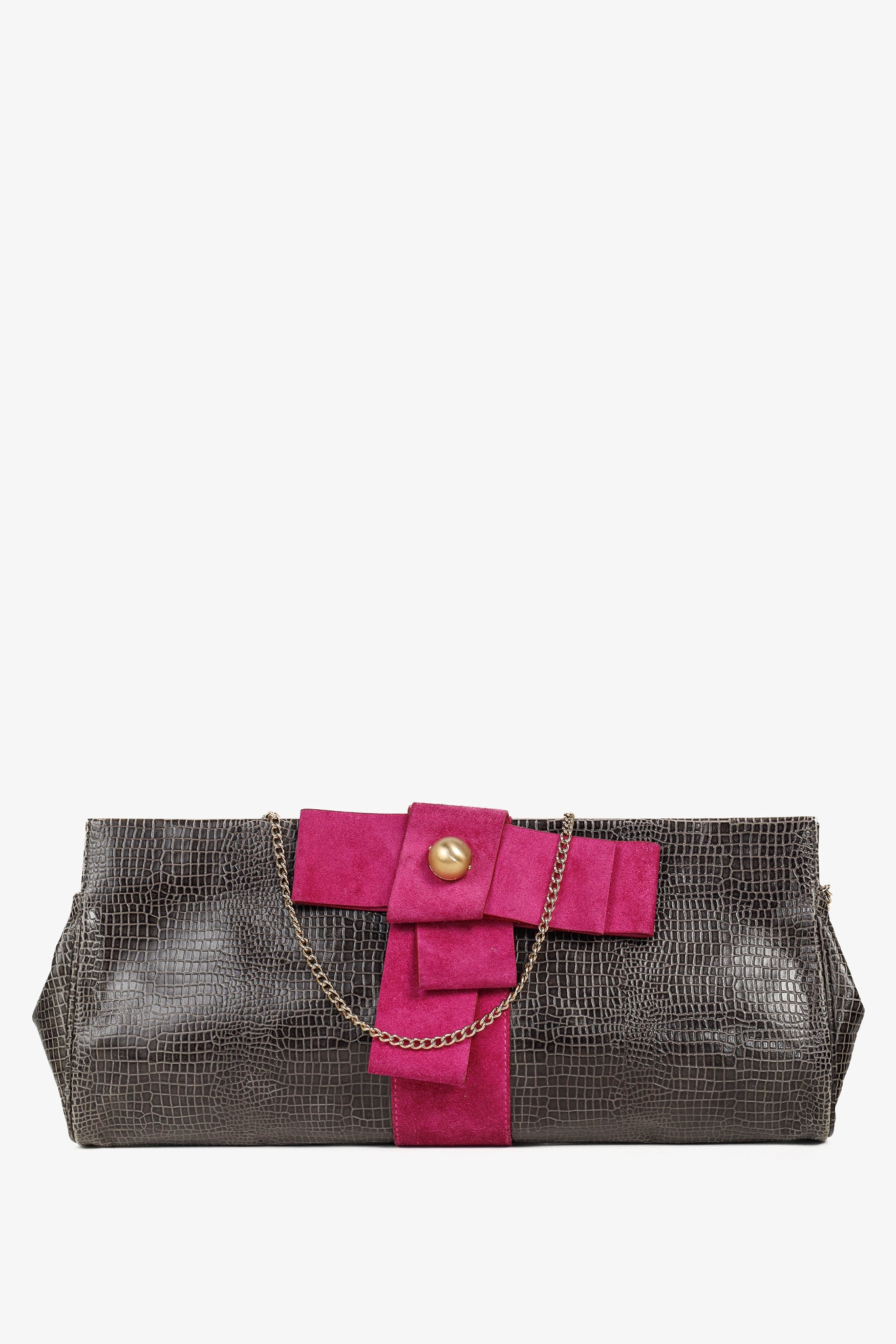 Emporio Armani Grey Croc-Embossed Leather Purple Suede-Bow Shoulder Bag