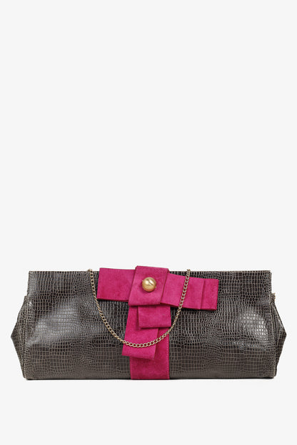 Emporio Armani Grey Croc-Embossed Leather Purple Suede-Bow Shoulder Bag