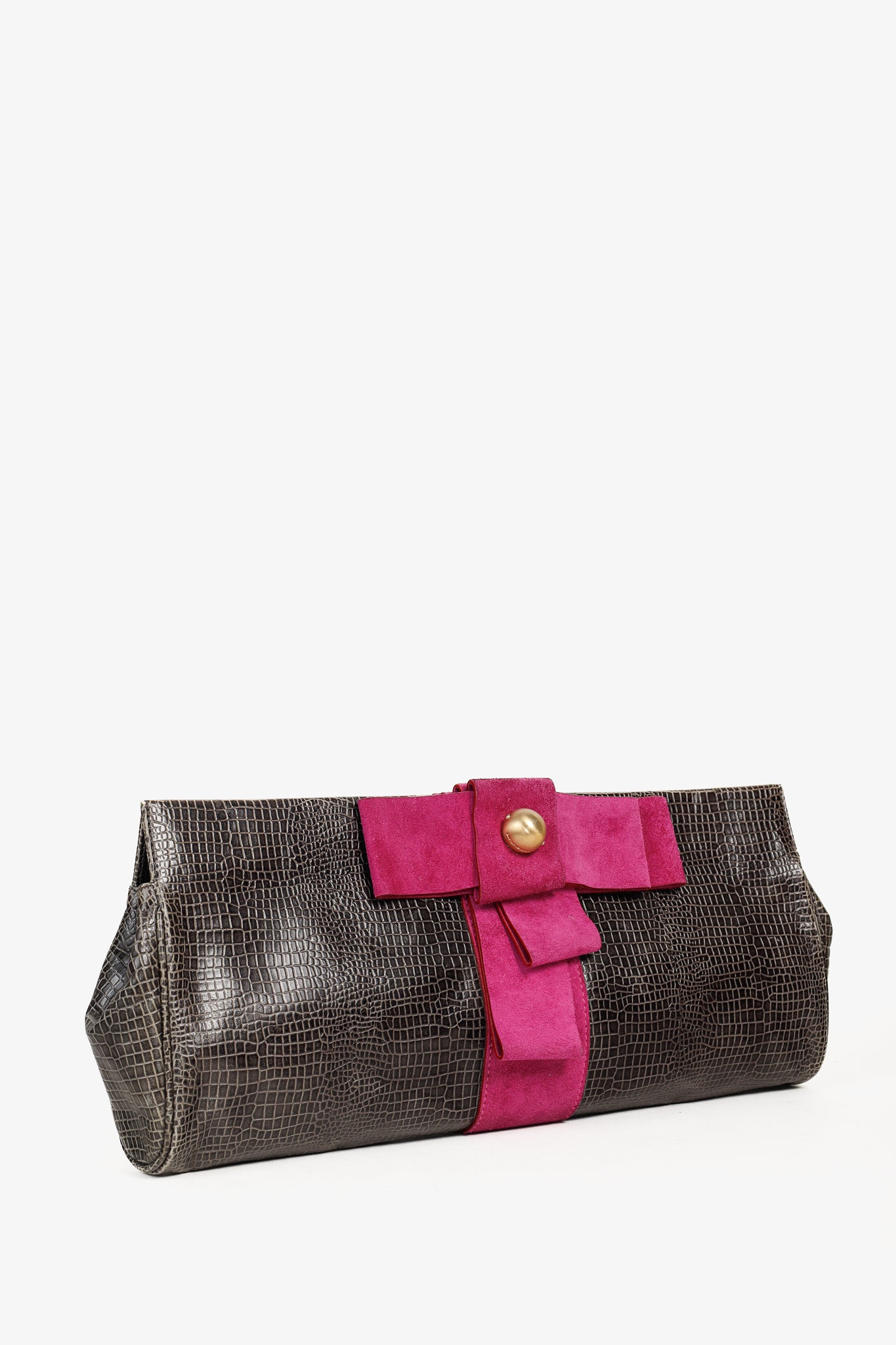 Emporio Armani Grey Croc-Embossed Leather Purple Suede-Bow Shoulder Bag