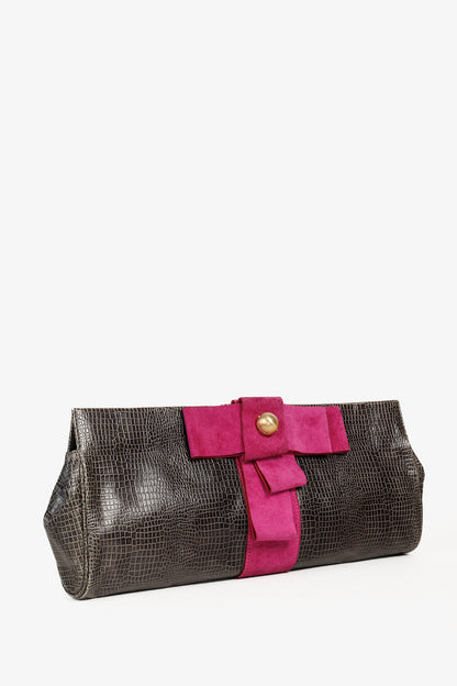 Emporio Armani Grey Croc-Embossed Leather Purple Suede-Bow Shoulder Bag