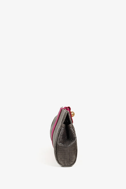 Emporio Armani Grey Croc-Embossed Leather Purple Suede-Bow Shoulder Bag