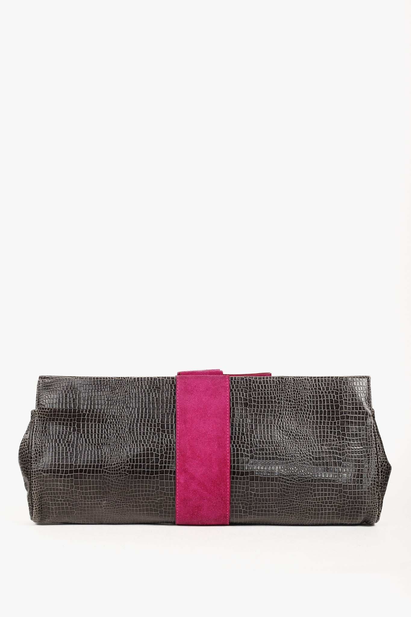 Emporio Armani Grey Croc-Embossed Leather Purple Suede-Bow Shoulder Bag