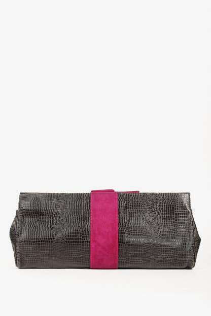 Emporio Armani Grey Croc-Embossed Leather Purple Suede-Bow Shoulder Bag
