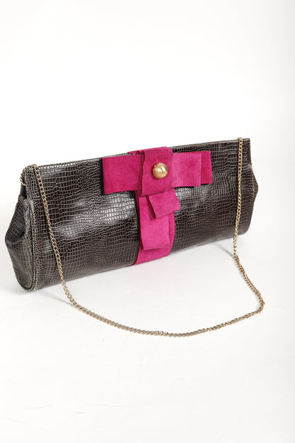 Emporio Armani Grey Croc-Embossed Leather Purple Suede-Bow Shoulder Bag