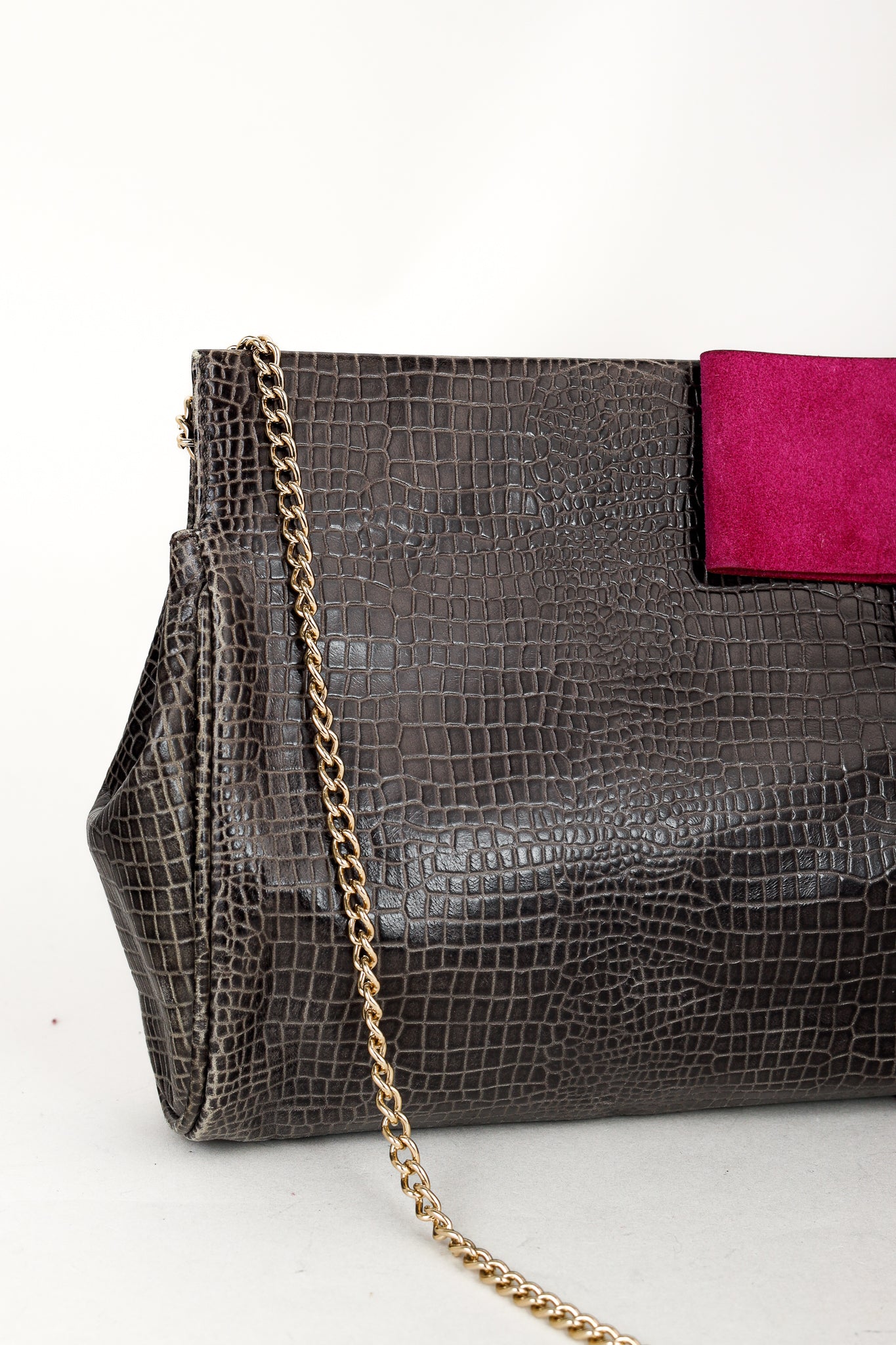 Emporio Armani Grey Croc-Embossed Leather Purple Suede-Bow Shoulder Bag