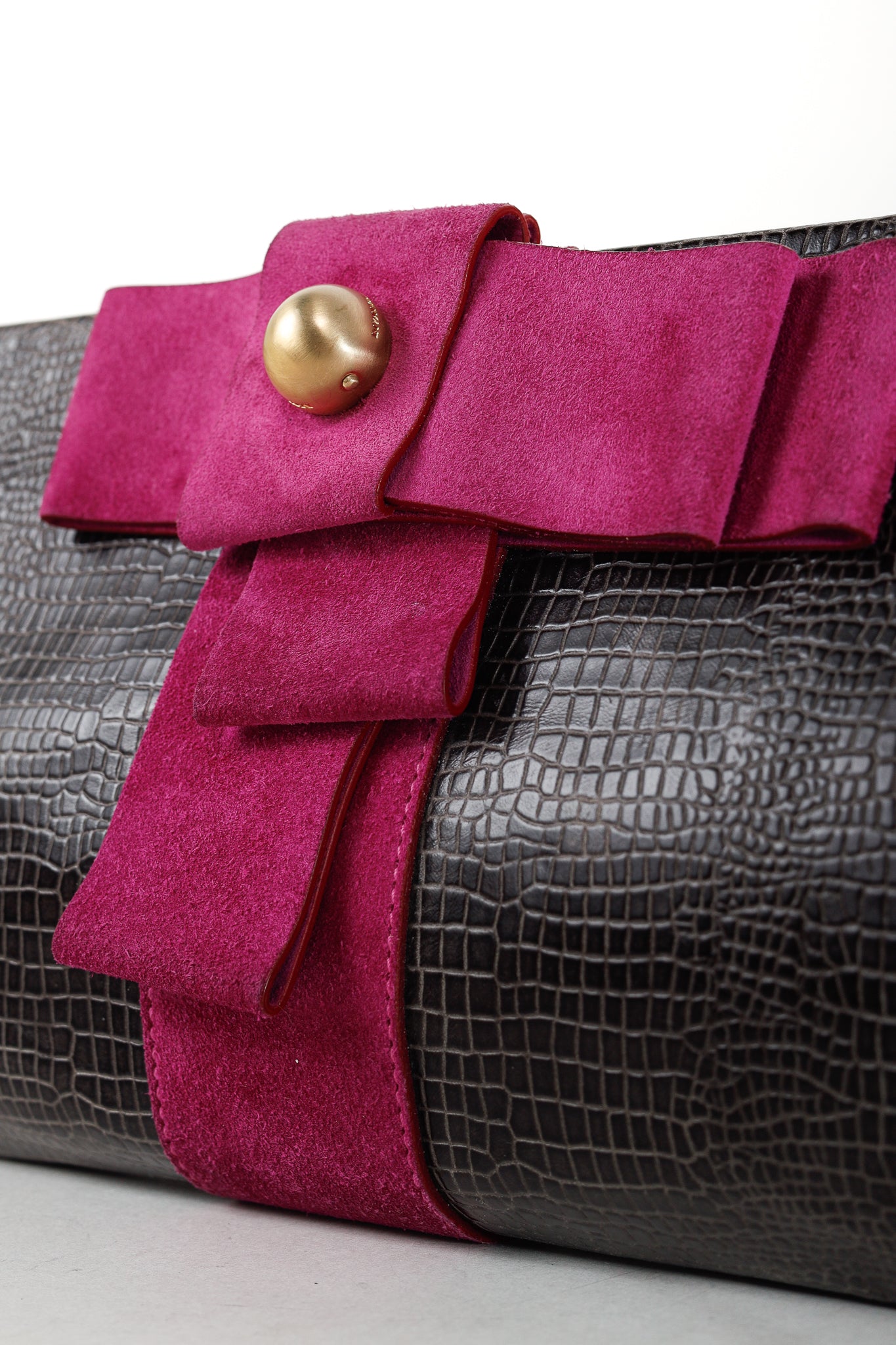 Emporio Armani Grey Croc-Embossed Leather Purple Suede-Bow Shoulder Bag