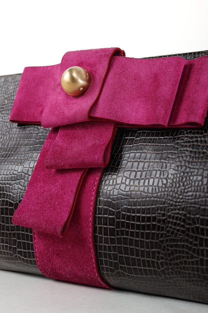 Emporio Armani Grey Croc-Embossed Leather Purple Suede-Bow Shoulder Bag
