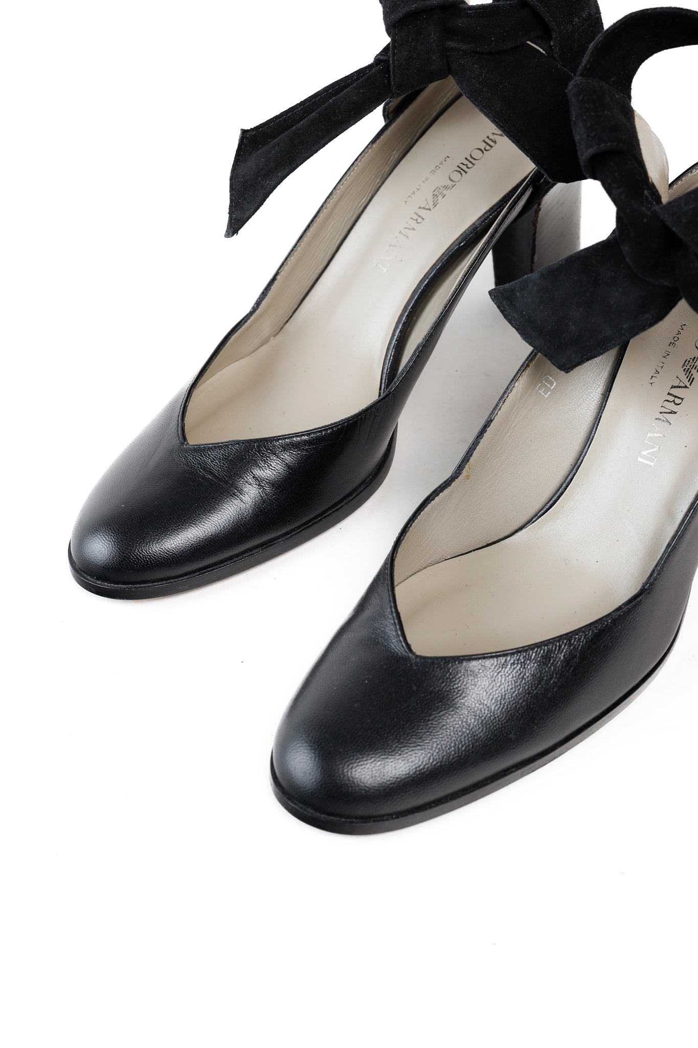Emporio Armani 90s Ankle Wrap Black Suede Pumps