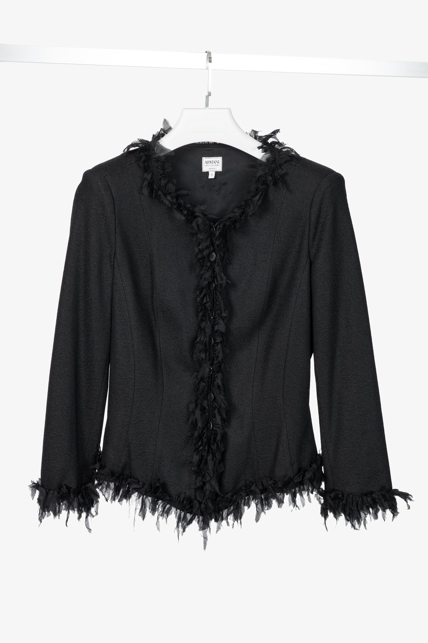 Armani Collezioni Black Crepe Silk-Fringe Jacket