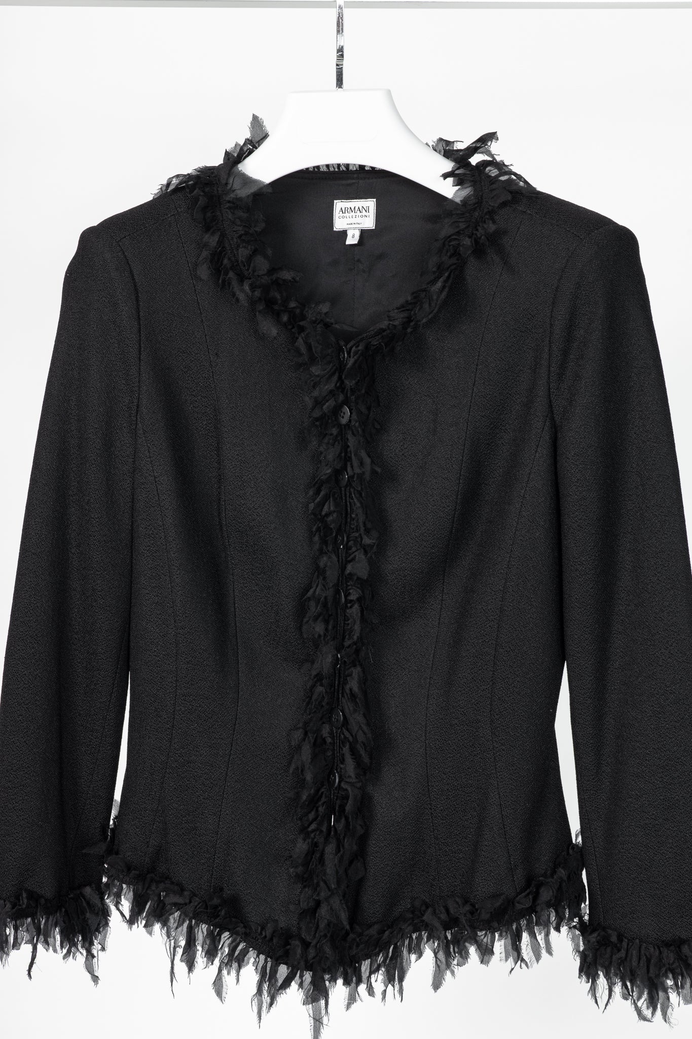 Armani Collezioni Black Crepe Silk-Fringe Jacket